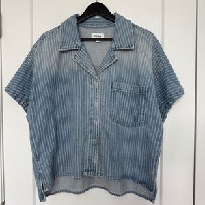 Pistola Della Denim Short-Sleeve Open Collar Camp Shirt in Canopy Stripe M